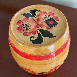 Vintage Hand Carved & Hand painted Floral Wooden BARREL CANISTER Bank USSR